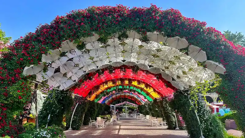 تصویری از تونل چترها در باغ گل دبی