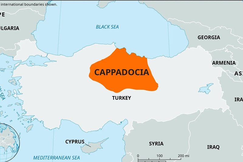 محدودۀ جغرافیایی کاپادوکیا روی نقشۀ ترکیه - مشخص&zwnj;شده با رنگ نارنجی