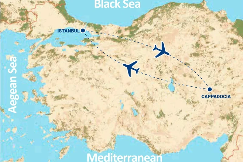 نقشه ترکیه که استانبول و کاپادوکیا روی آن مشخص شده&zwnj;اند و مسیر پرواز بین آن&zwnj;ها را نشان می&zwnj;دهد.