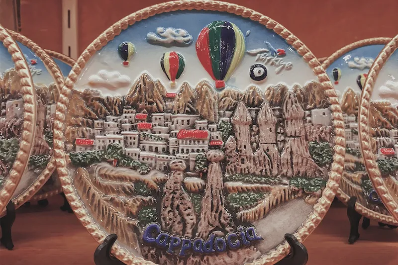 بشقاب سرامیکی تزیینی به عنوان سوغات کاپادوکیا با طرح برجسته بالن&zwnj;ها و دودکش&zwnj;های جن