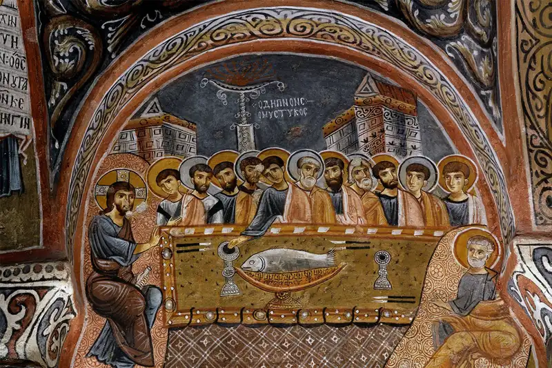  نقاشی دیواری بیزانسی شام آخر در کلیسای تاریک (کارانلیک)، واقع در موزه فضای باز گورمه کاپادوکیا