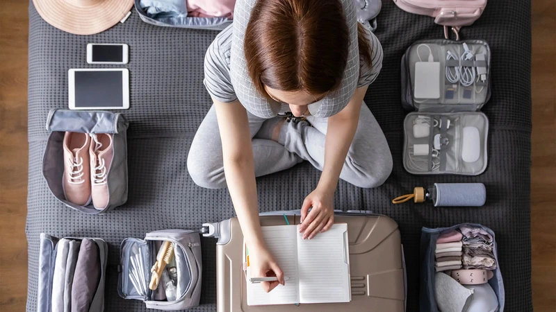  دختری در حال بستن چمدان و بررسی چک لیست