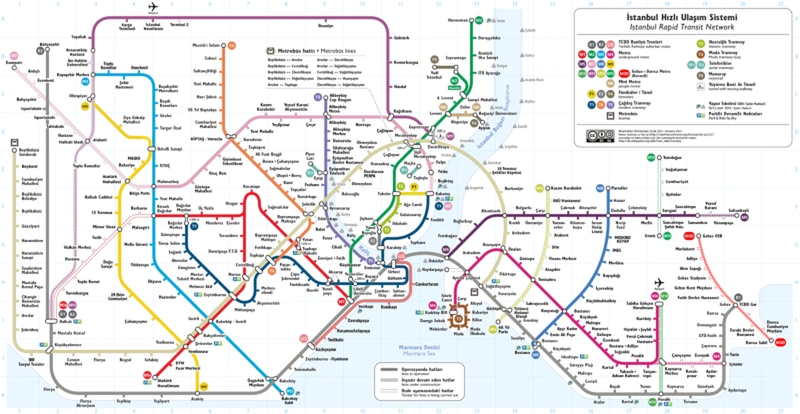  نمایی از نقشه مترو استانبول و نمایش خطوط آن با رنگ&zwnj;های مختلف&nbsp;
